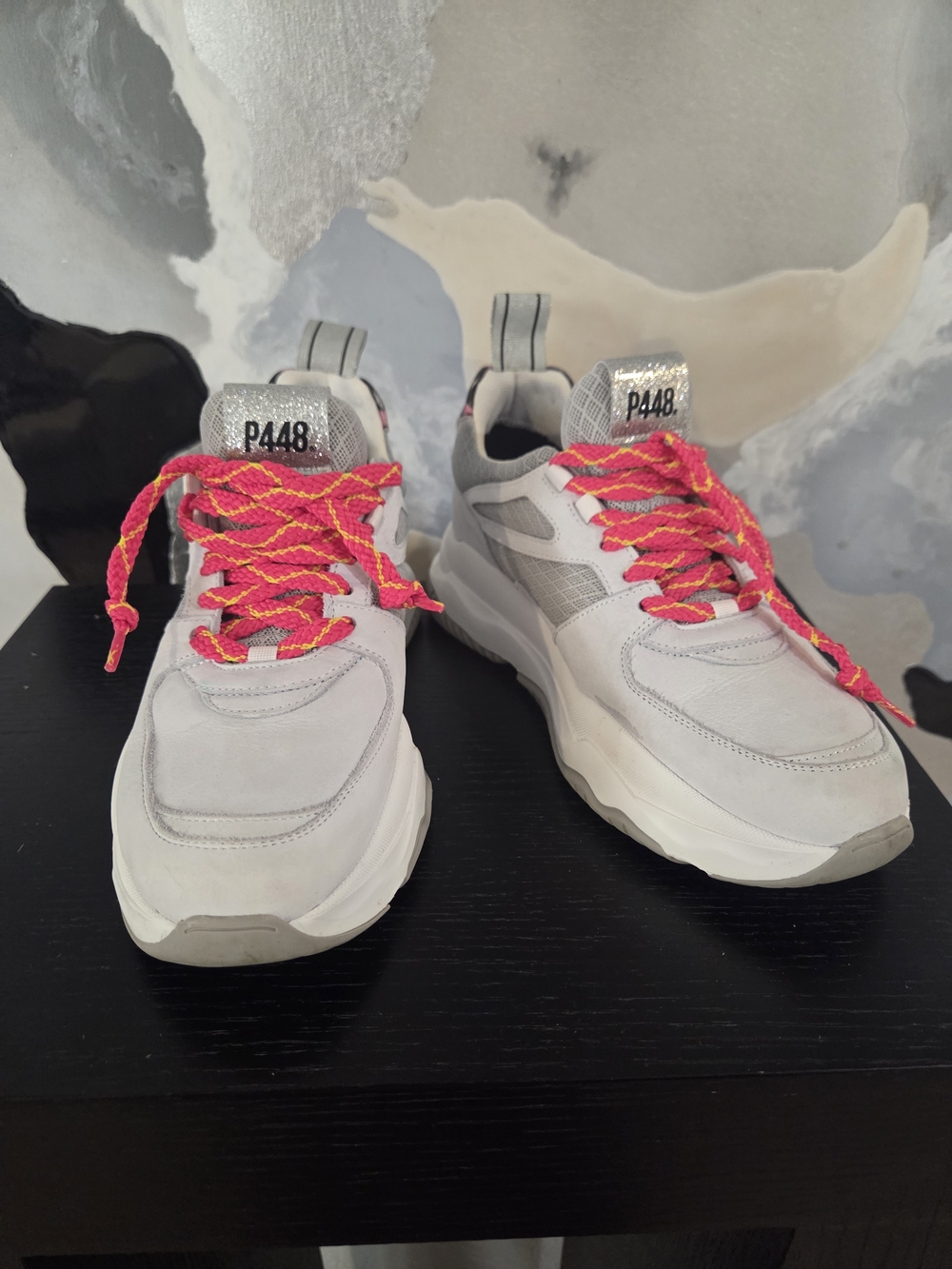 P448 Kids White Sneakers with Pink Accent Laces